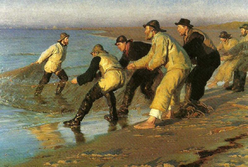 Peter Severin Kroyer fiskere traekker vod pa skagen nordstrand Spain oil painting art